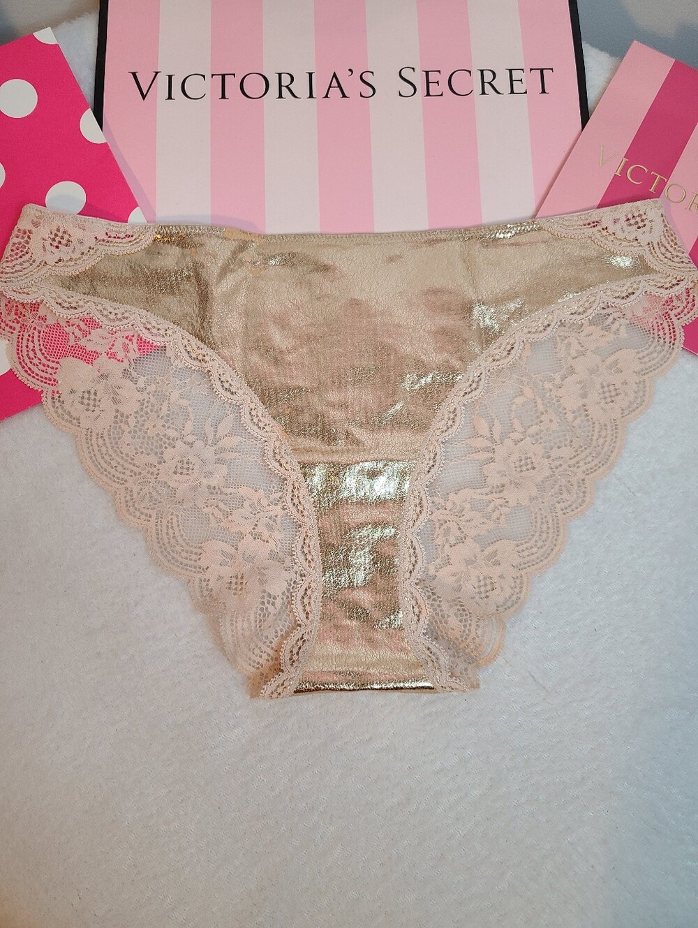 Retired VS Dream Angels Metallic Faux Leather & Lace Cheekini Panty Size M